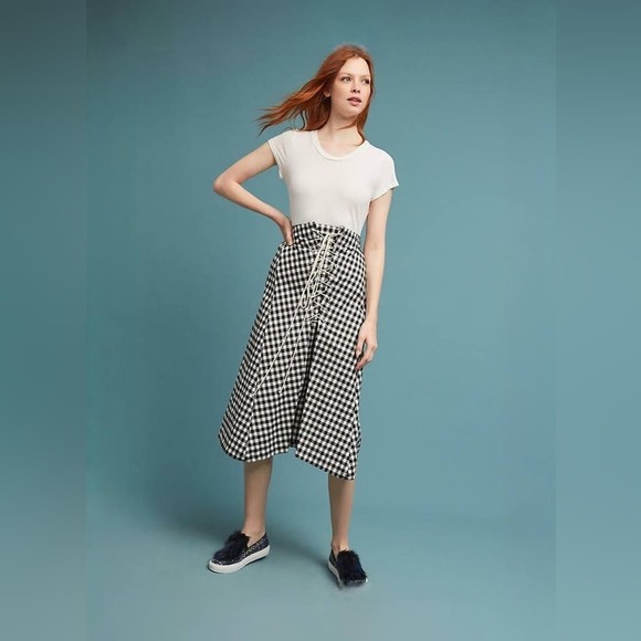 Anthropologie Eva Franco Lace Up Black Gingham Midi Skirt - Picture 7 of 8